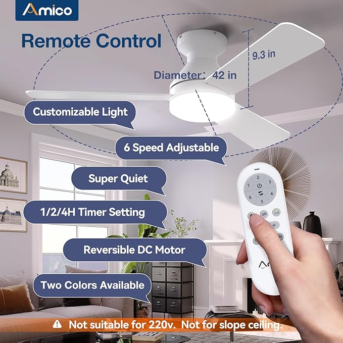 42 Inch White Ceiling Fan with Light and Remote Low Profile Dimmable Indoor Outdoor