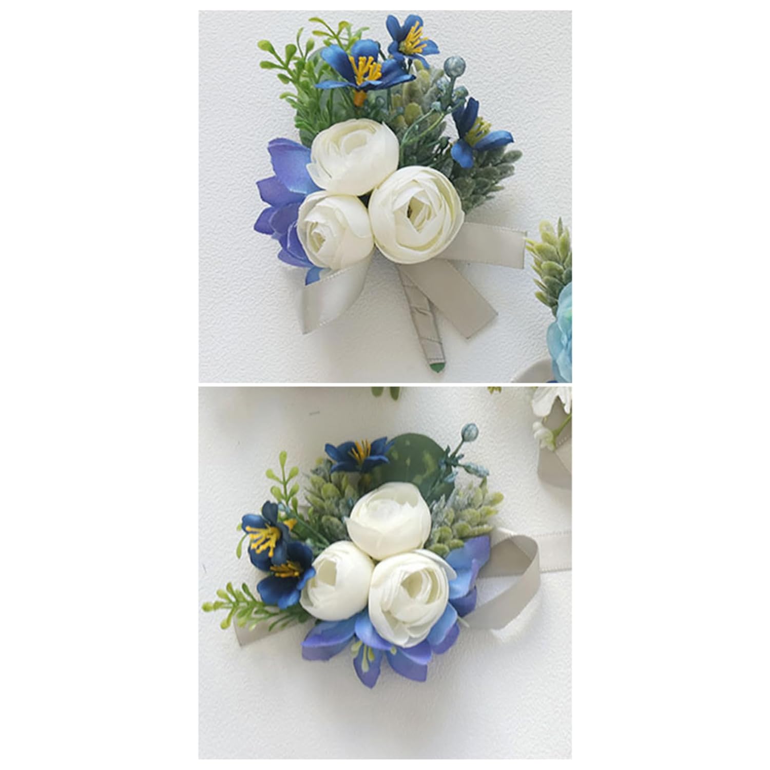 2 Pieces Artificial Wrist Corsage Boutonniere Set, Grooms Groomsmen Bridal Bridesmaids Wedding Flowers Accessories Prom Party Suit Decoration - Blue&White