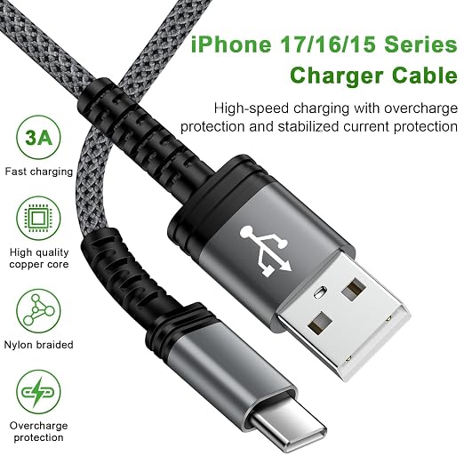 6FT USB C Fast Charging Cable for Samsung Galaxy S26 S25 S24 A16 A17 iPhone 17 16