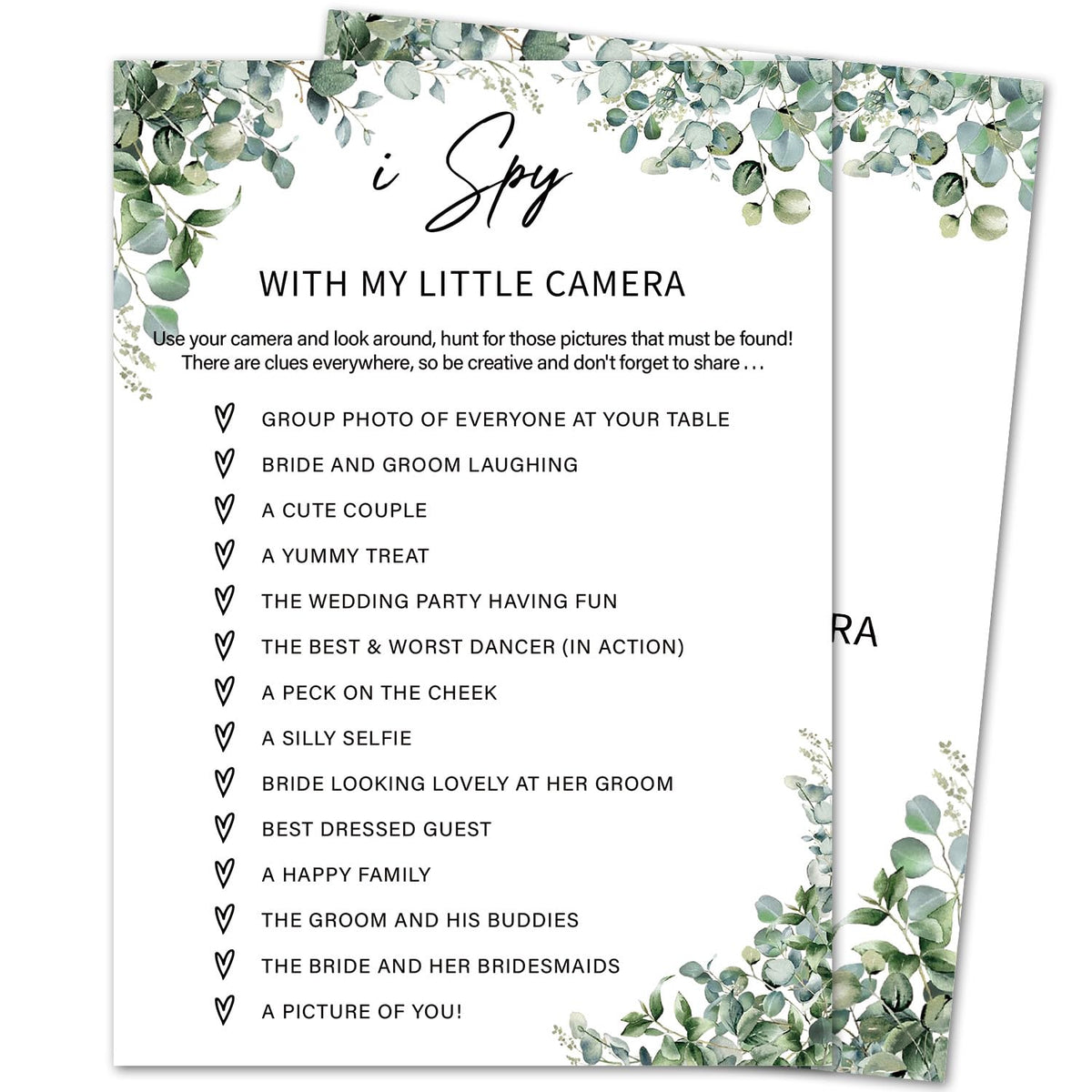 Eucalyptus Bridal Shower Game Cards - I Spy With My Little Camera, Wedding Engagement Bachelorette Party Bridal Shower Games For 30 Guests, Double Sided Cards Set Of 30, Activity Supplies & Favor/A13