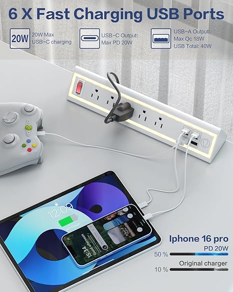 Desk Clamp Power Strip 5 Outlets 6 USB Ports 4 USB C 40W Fast Charging 6FT Extension Cord