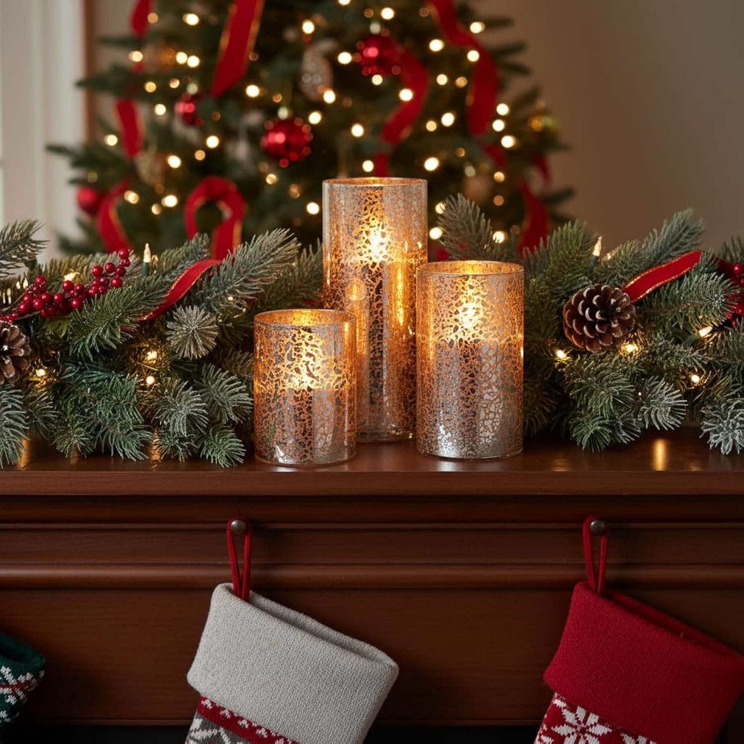 Flameless Silver Mercury Glass Led Pillar Candles With Remote And Timer, Batteries Included, Flickering Warm White Light, Set Of 3 For Christmas, Home Décor, Weddings, Parties, And Romantic Ambiance