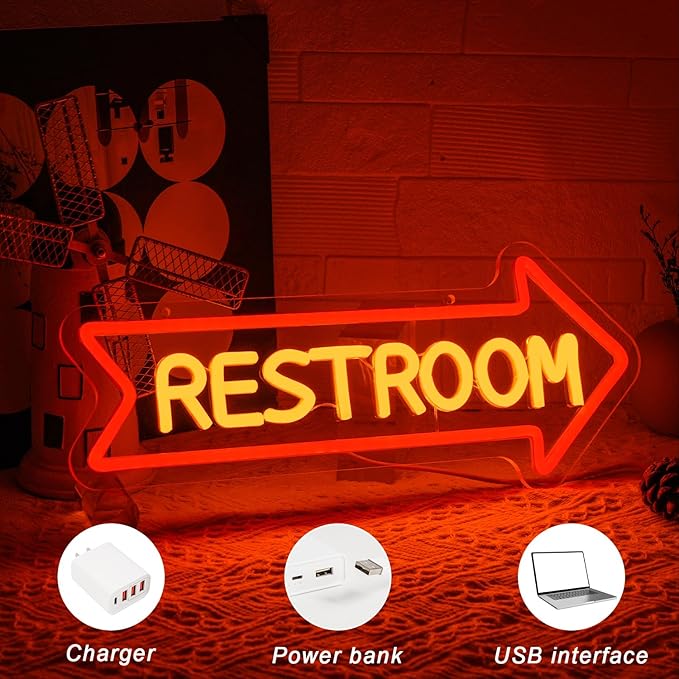 Restroom Neon Sign with Arrow USB Dimmable LED Bathroom Wall Light for Home Bar Hotel