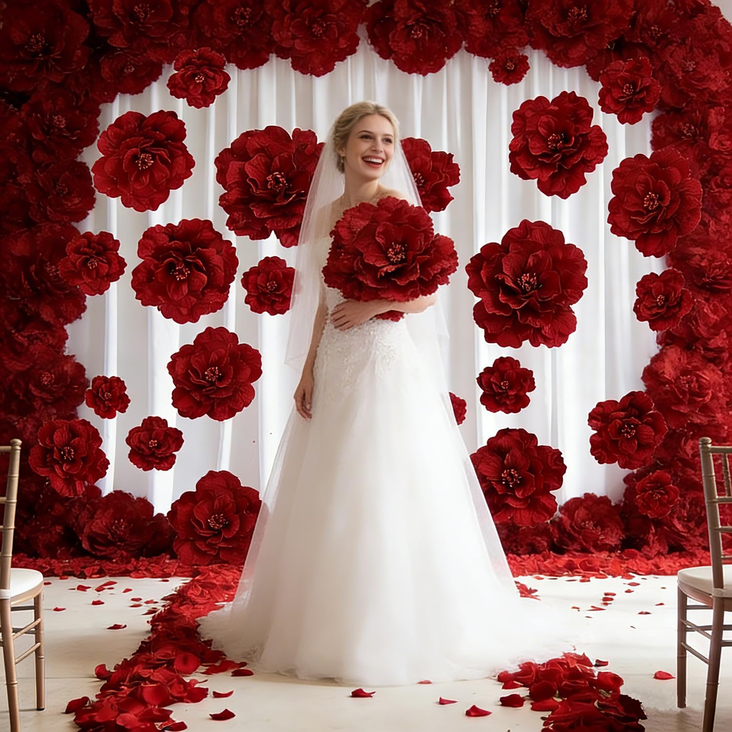 Set Of 3 - Giant Red Velvet Rose Large Handcrafted Artificial Flower Props For Wedding, Home, Party, Event, Backdrop Decoration For Anniversary Birthday Valentine'S Day (Red - Rose Heads Only)
