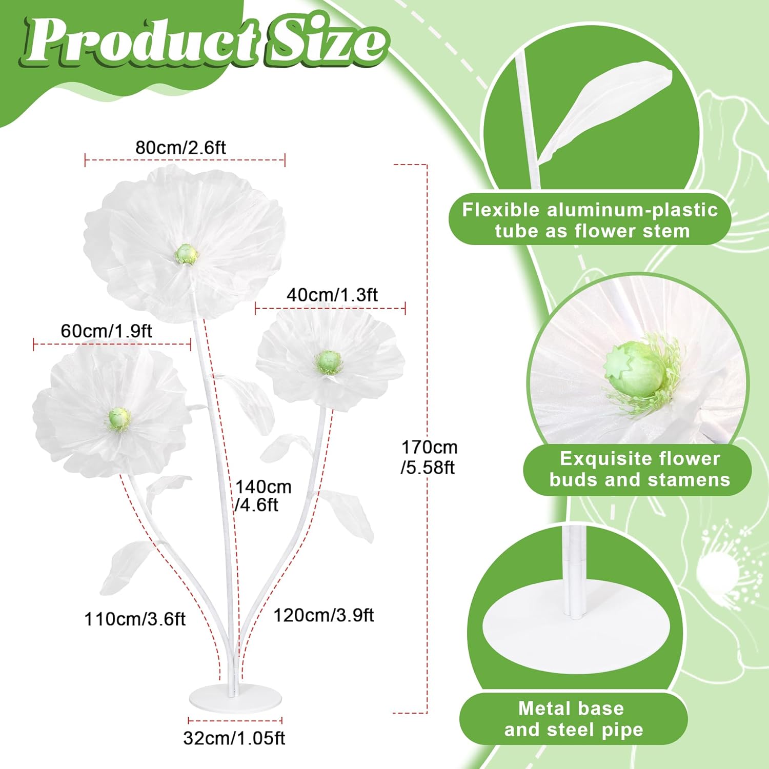 Giant Silk Flowers Wedding Decor - 5.58Ft Artificial Flowers 3D Large Fake Floral With Stand Base For Christmas Bridal Shower Birthday Party Yard Ceremony Decoration (White)