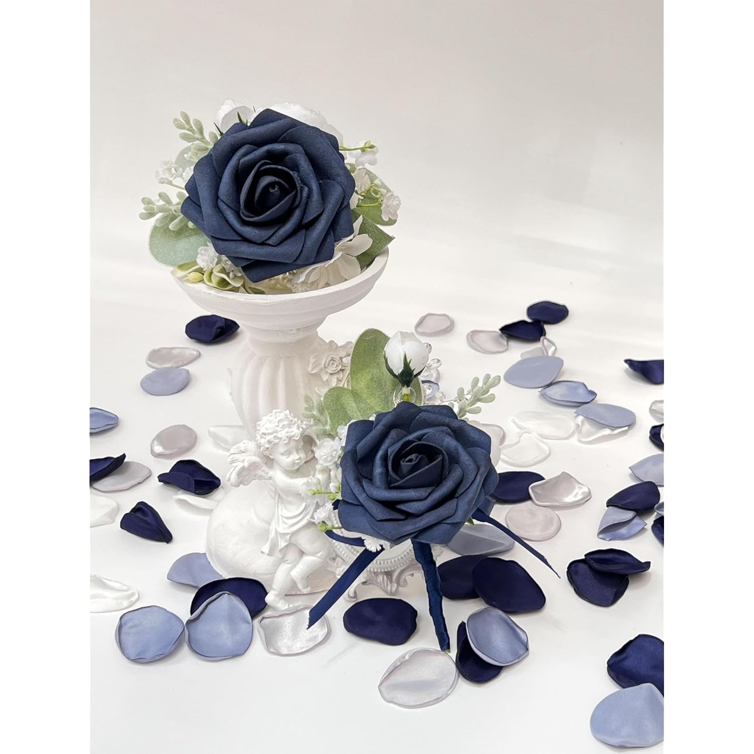 Corsage And Boutonniere Set, Dark Blue Rose Handmade Artificial Flower Wrist Corsage And Groom Boutonniere For Seaside Wedding,Bridesmaid Hand Flower,Prom Suit Decorations
