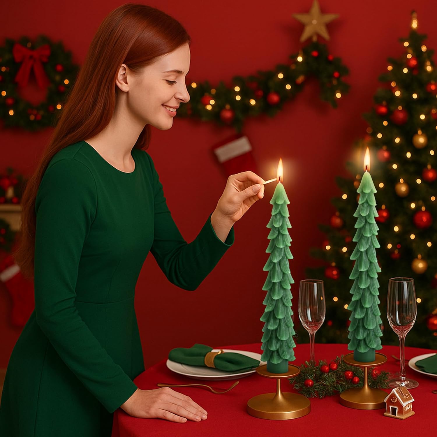 4 Pcs Christmas Tree Taper Candles-10 Inch Unscented Tree Shaped Taper Candle-Green Christmas Decorative Tree Candles For Home Decor Party Centerpiece Decoration