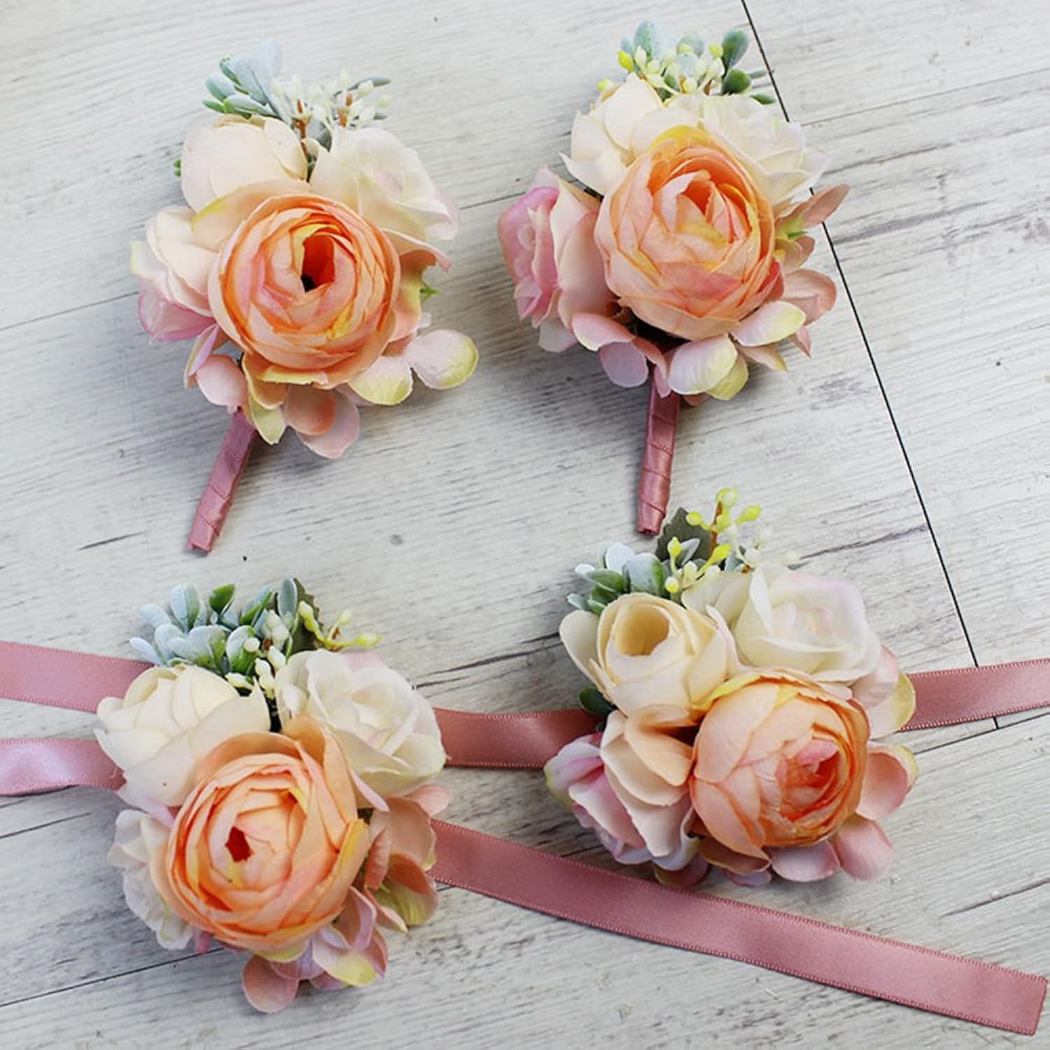 2Pc Pack-Handmade Artificial Peony Wrist Corsage With Satin Wristband For Girl Bridesmaid Wedding Party Prom Hand Flower (Champagne X2)