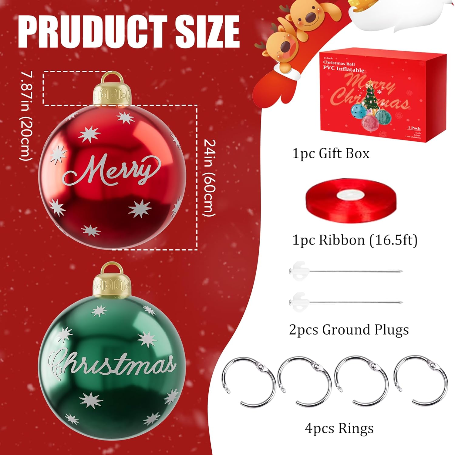2Pcs 24 Inch Inflatable Christmas Ball Giant Pvc Xmas Inflatable Decorated Balls, Outdoor Inflatables Ornaments Christma