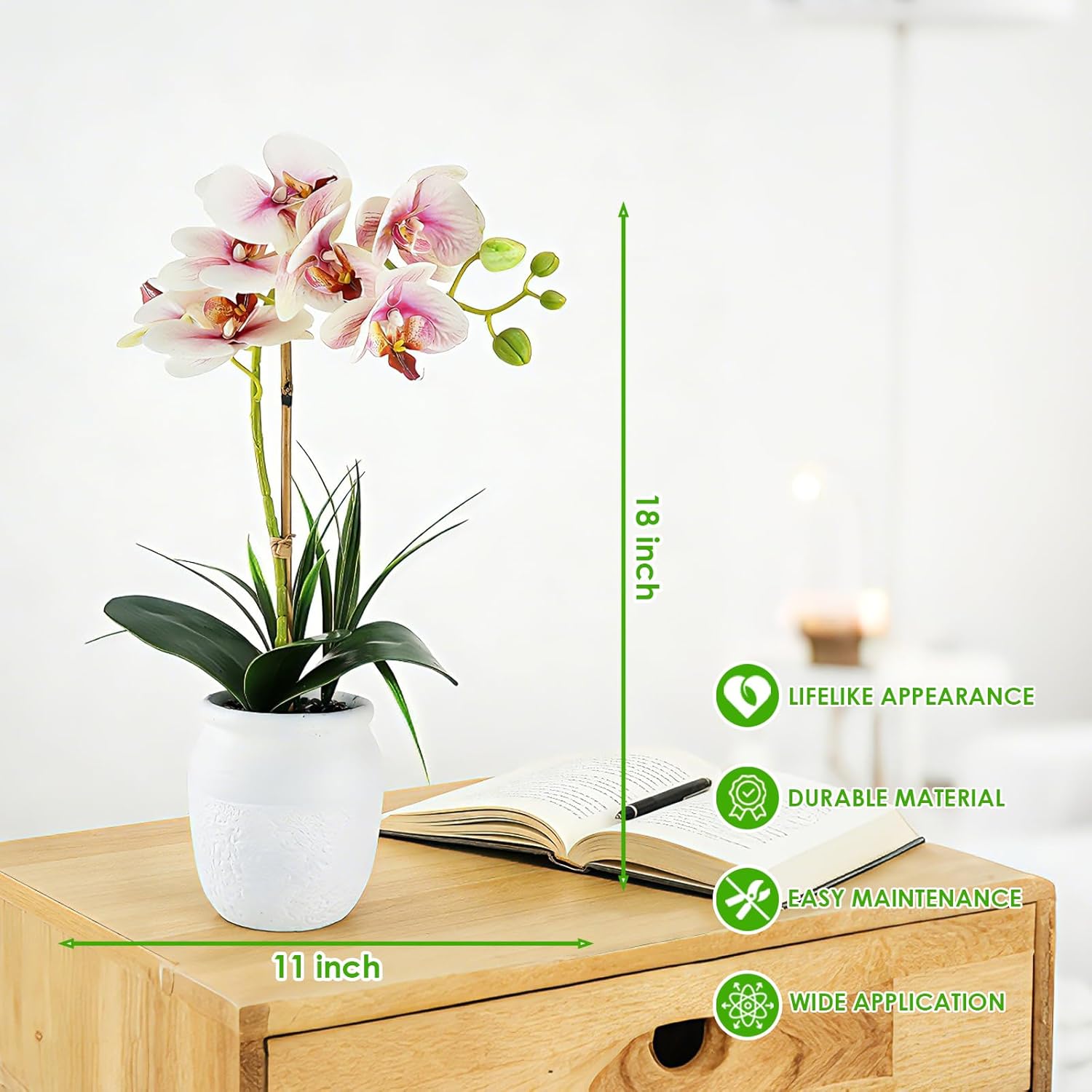 Orchid Artificial Flowers 18" Pink Fake Orchid Flowers In White Ceramic Pot Faux Orchid Plant For Home Decor Office Bathroom Table Centerpiece Indoor(Light Pink)