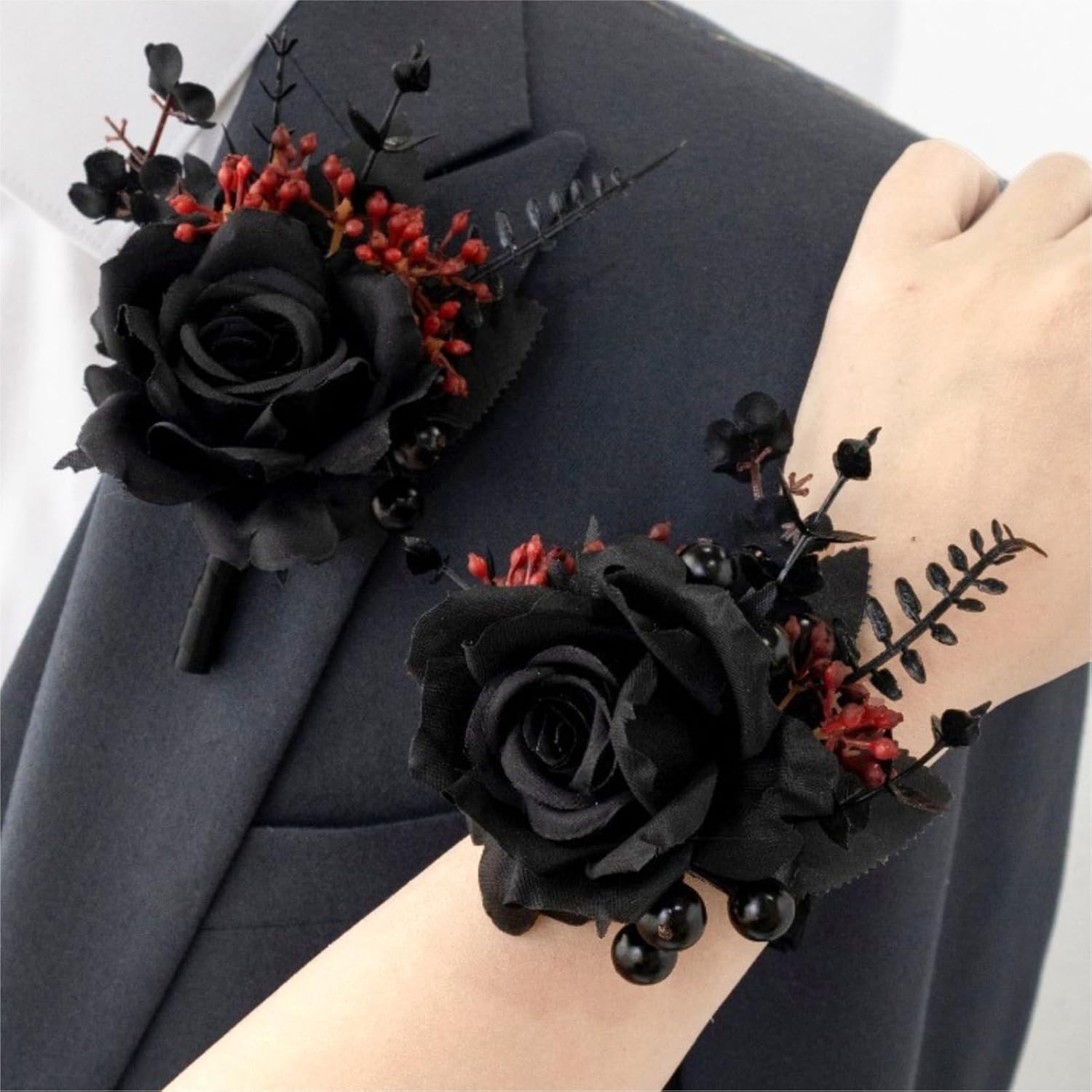 Black Wrist Corsage And Boutonniere Set Gothic Flowers Bouquet For Wedding Flower Accessories Prom Suit Decorations-Black And Red