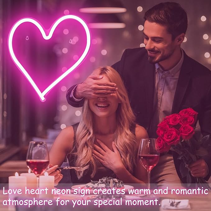 Pink Heart Neon Sign Dimmable USB LED Wall Light 13.4 x 13 Inch for Bedroom Wedding Party Decor