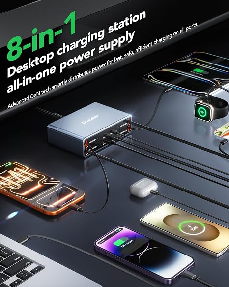 105W 8 in 1 USB C GaN Fast Charging Station with Retractable Cables for iPhone Samsung iPad
