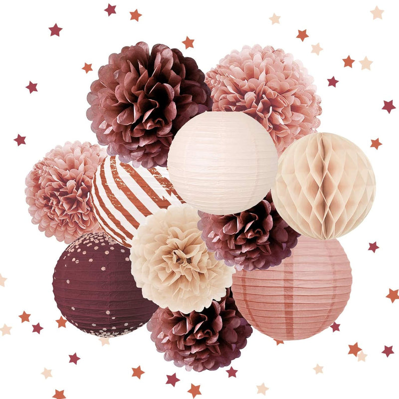 12 Pcs Burgundy Rose Gold Paper Lanterns Tissue Pom Poms Party Confett