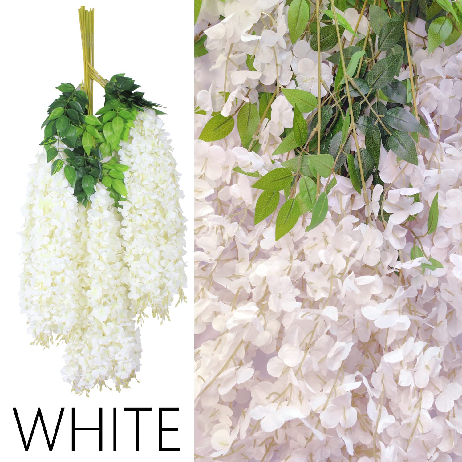 12Pcs Artificial Wisteria Flowers 3.6 Feet/Piece White Dense Artificial Fake Wisteria Vine Ratta Hanging Garland Silk Flowers String Home Party Wedding Decor(White-Dense)