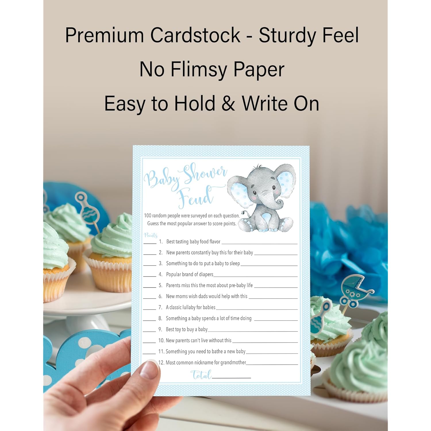 Boy Baby Shower Feud Game — Pack Of 25 — Fun Shower Family Feud Games, Blue Elephant Baby Shower Activity, Little Peanut Baby Shower Fued Games, Couples Shower G501-Bsf1
