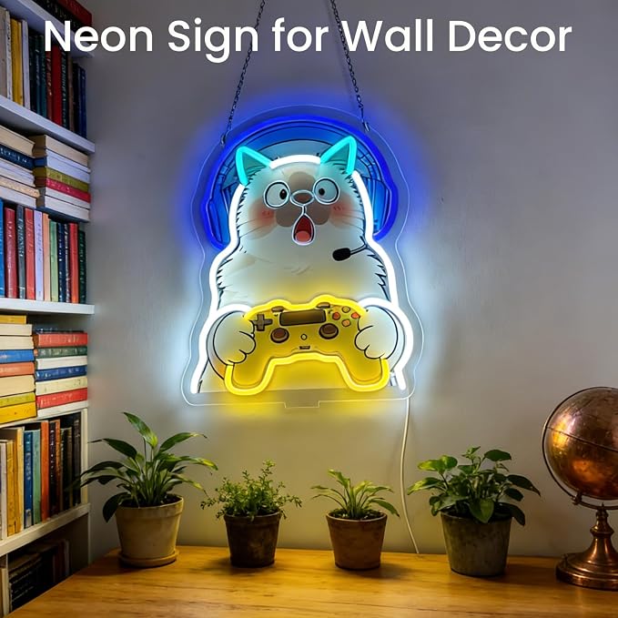 Game Cat Neon Sign LED Gamer Light with Base Tabletop Cat Neon Decor for Bedroom Game Room