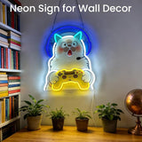 Game Cat Neon Sign LED Gamer Light with Base Tabletop Cat Neon Decor for Bedroom Game Room