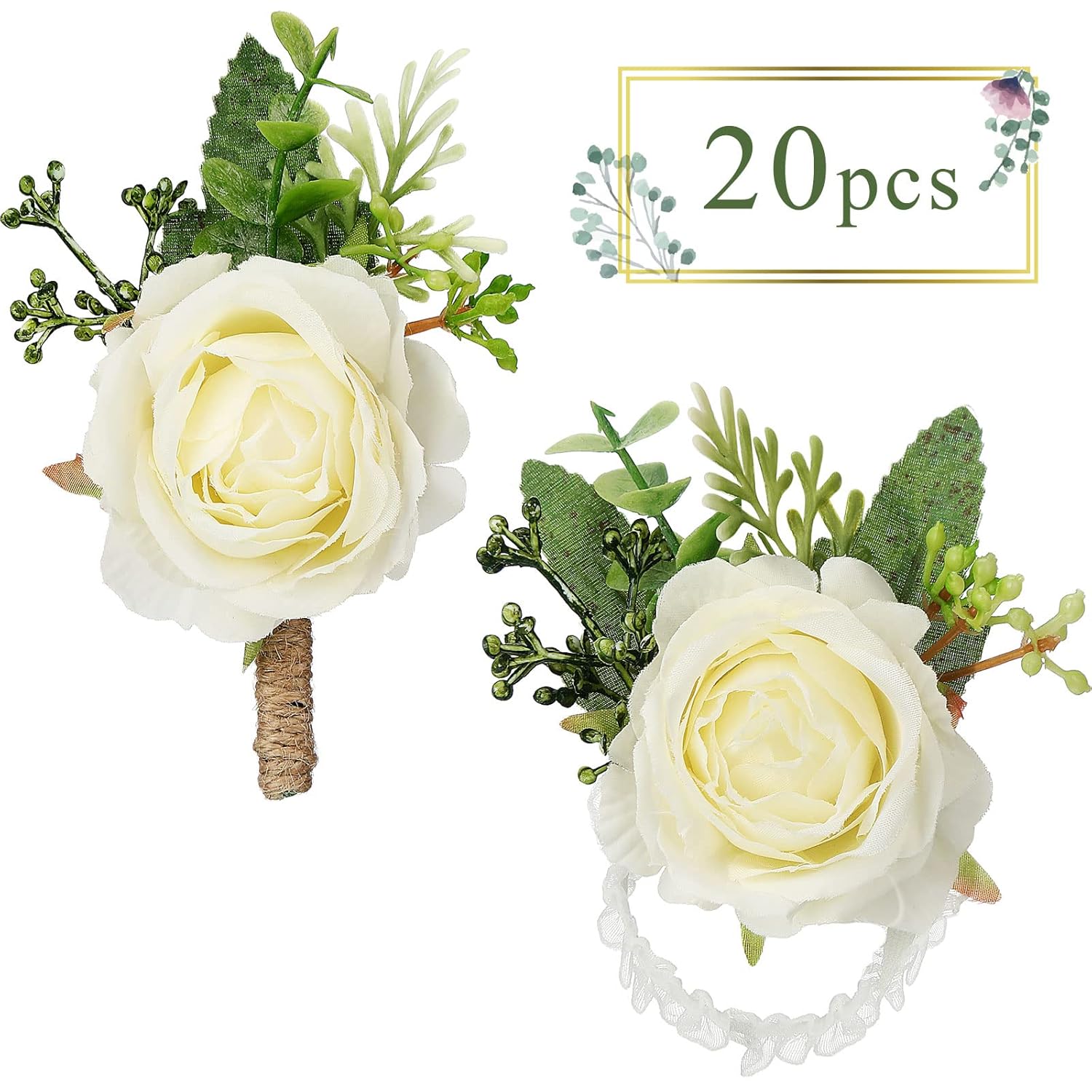 20 Pcs Rose Wrist Corsage And Boutonniere Set Flower Wrist Corsage Wristlet Band Bracelet Bridegroom Men'S Boutonniere Wedding Wristlet Hand Flower For Prom Party Bouquets (White)