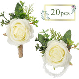 20 Pcs Rose Wrist Corsage And Boutonniere Set Flower Wrist Corsage Wristlet Band Bracelet Bridegroom Men'S Boutonniere Wedding Wristlet Hand Flower For Prom Party Bouquets (White)