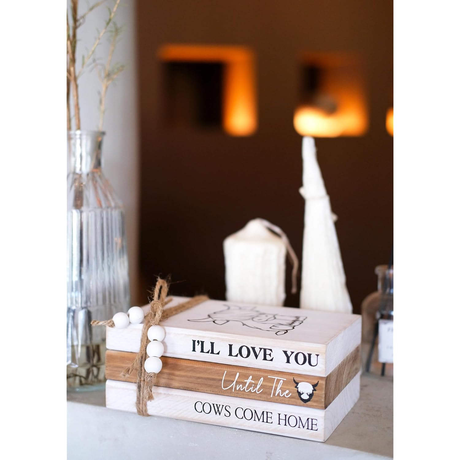 Highland Cow Wood Book Stacks Decor - Rustic Farmhouse Decorative Books Sign For Home Coffee Table Mantle Fireplace Shelf Decorations - I'Ll Love You Until The Cows Come Home 7.5X5X3'