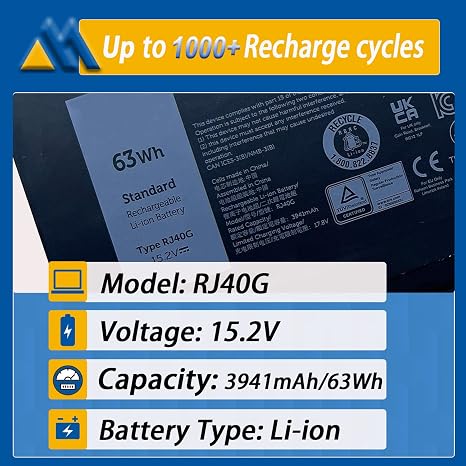 RJ40G Laptop Battery Replacement for Dell Latitude 15 5520 14 5420 Precision 3560 63Wh