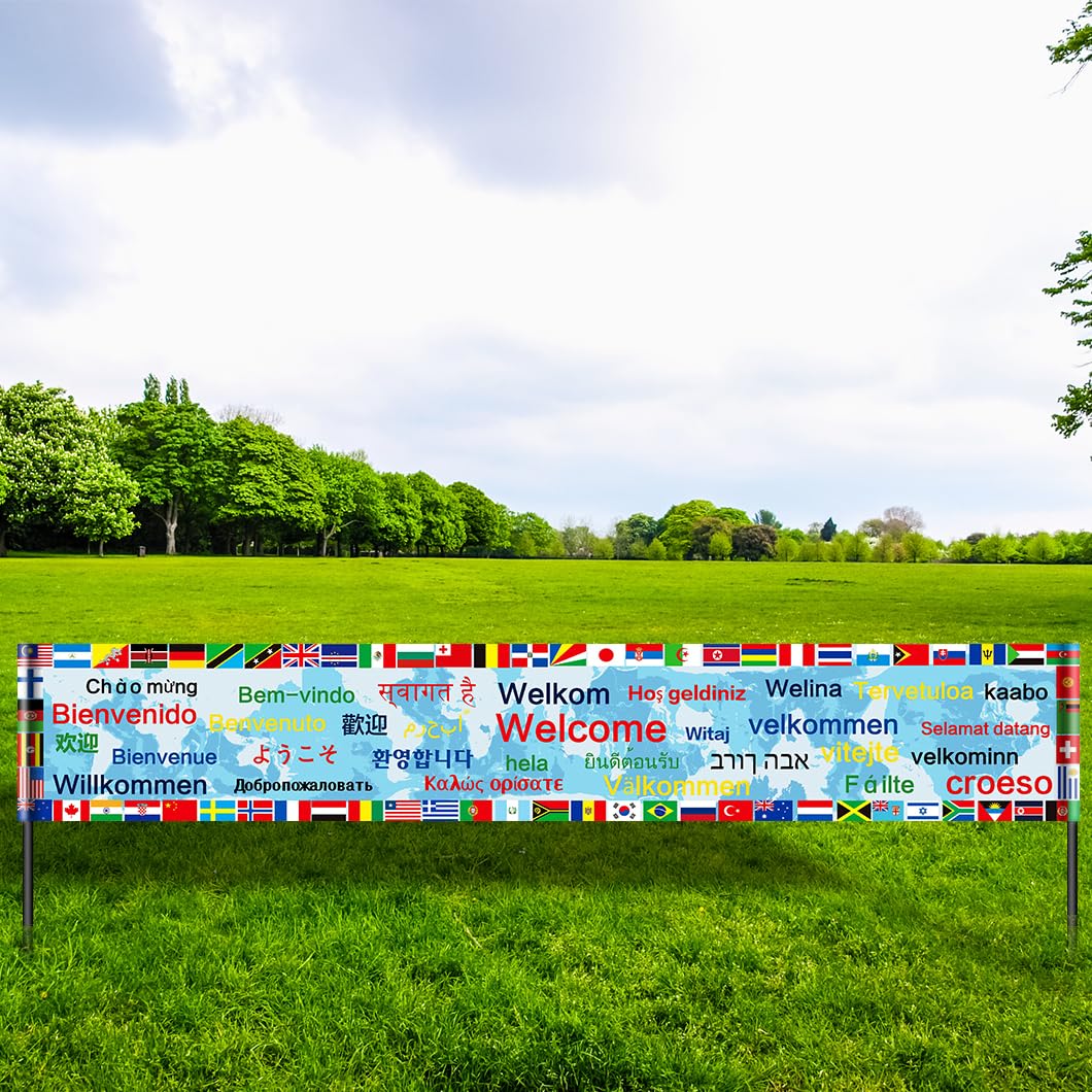 World Flags International Welcome Yard Banner Olympic Party Decorations 64 Countries Flag with 30 Languages Welcome Words Around the World Multicultural Decor Olympic Welcome Banner Yard Sign