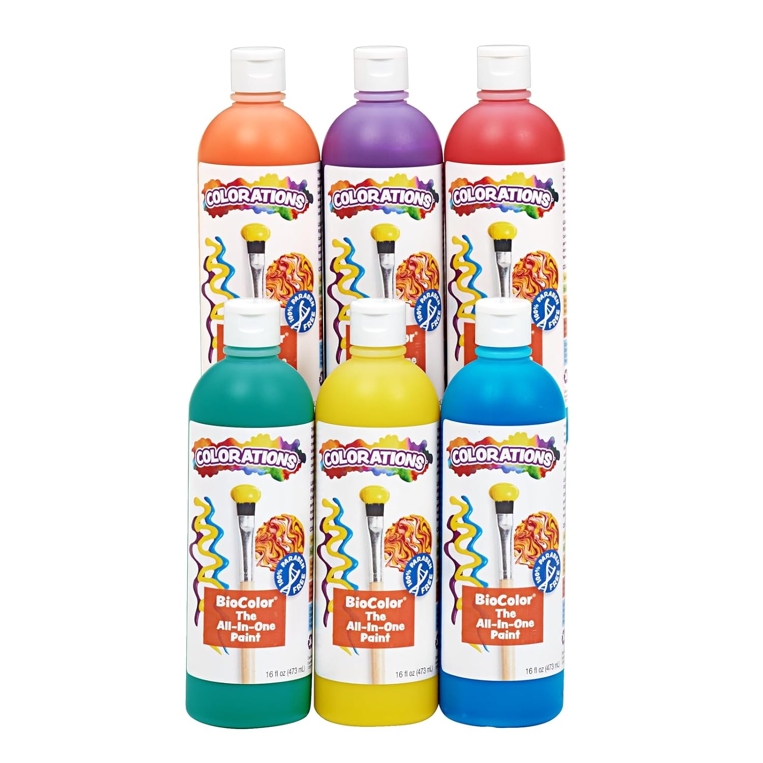 Paraben-Free Biocolor Paint, Rainbow Pack, Set Of 6 Colors, 16Oz Bottles, Non-Toxic And Made In The Usa