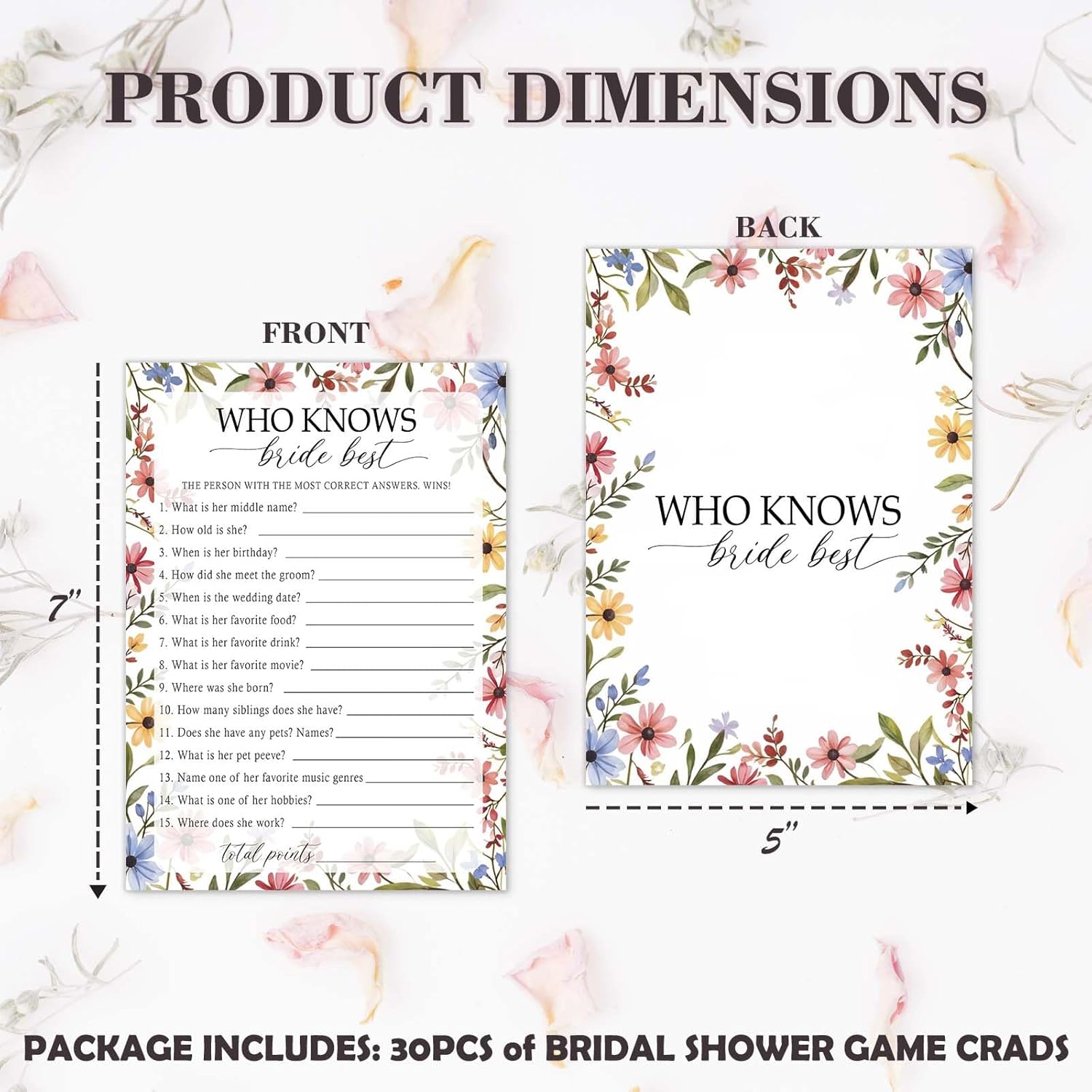 Who Knows The Bride Best, Wildflowers Bridal Shower Games Cards, 30 Guests Elegant Wedding Activity For Bachelorette Engagement Party Decorations Favors- A07