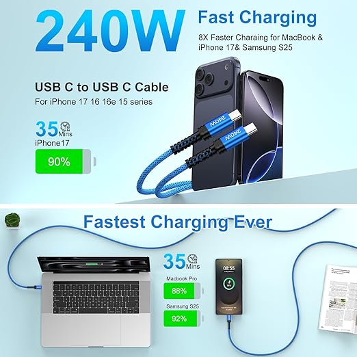 2 Pack 240W USB C to USB C Fast Charging Cable 6FT for Samsung Galaxy S26 S25 S24 Android