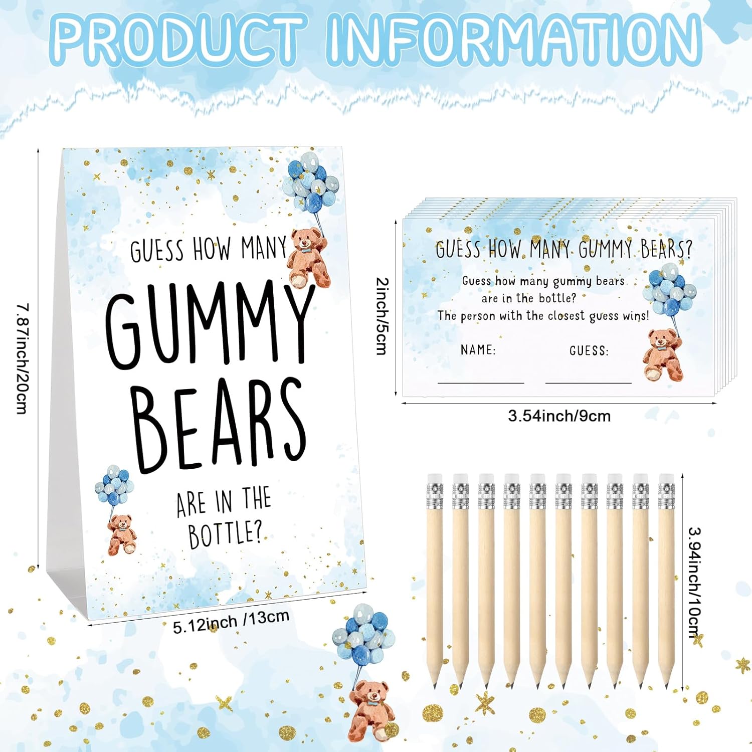 Baby Shower Games Guess How Many Bears Sign 100 Guessing Game Cards 10 Hb Pencils 1 Cute Bear Bottle For Guests Gender Reveal Party Favor(Blue)