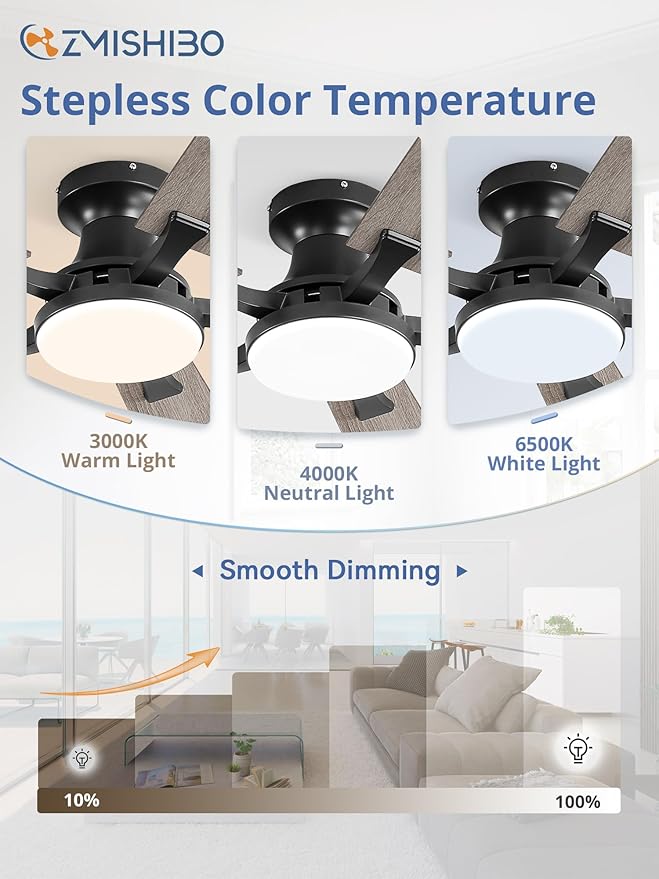 52 Inch Black Ceiling Fan with Light App & Remote Control Dimmable Flush Mount