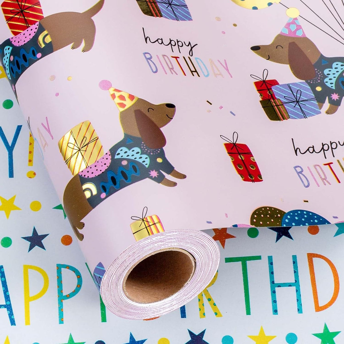 Birthday Dog Wrapping Paper, Reversible Color Happy Birthday Gift Wrap For Baby Shower, Valentines, Mothers Day, Graduation, Wedding, Fathers Day, Christmas (17In X 32.8Ft)