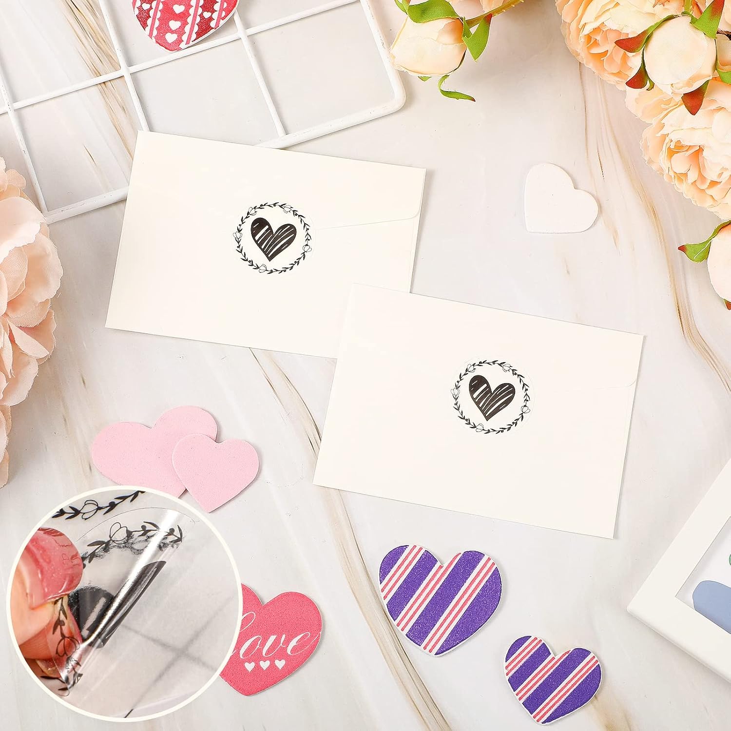 500 Pieces Clear Heart Envelope Seals, Wedding Heart Stickers, Love Stickers 1.26 Inch Round Sealing Sticker For Wedding Invitation Card Bridal Shower Christmas New Year Party Favor(Black)