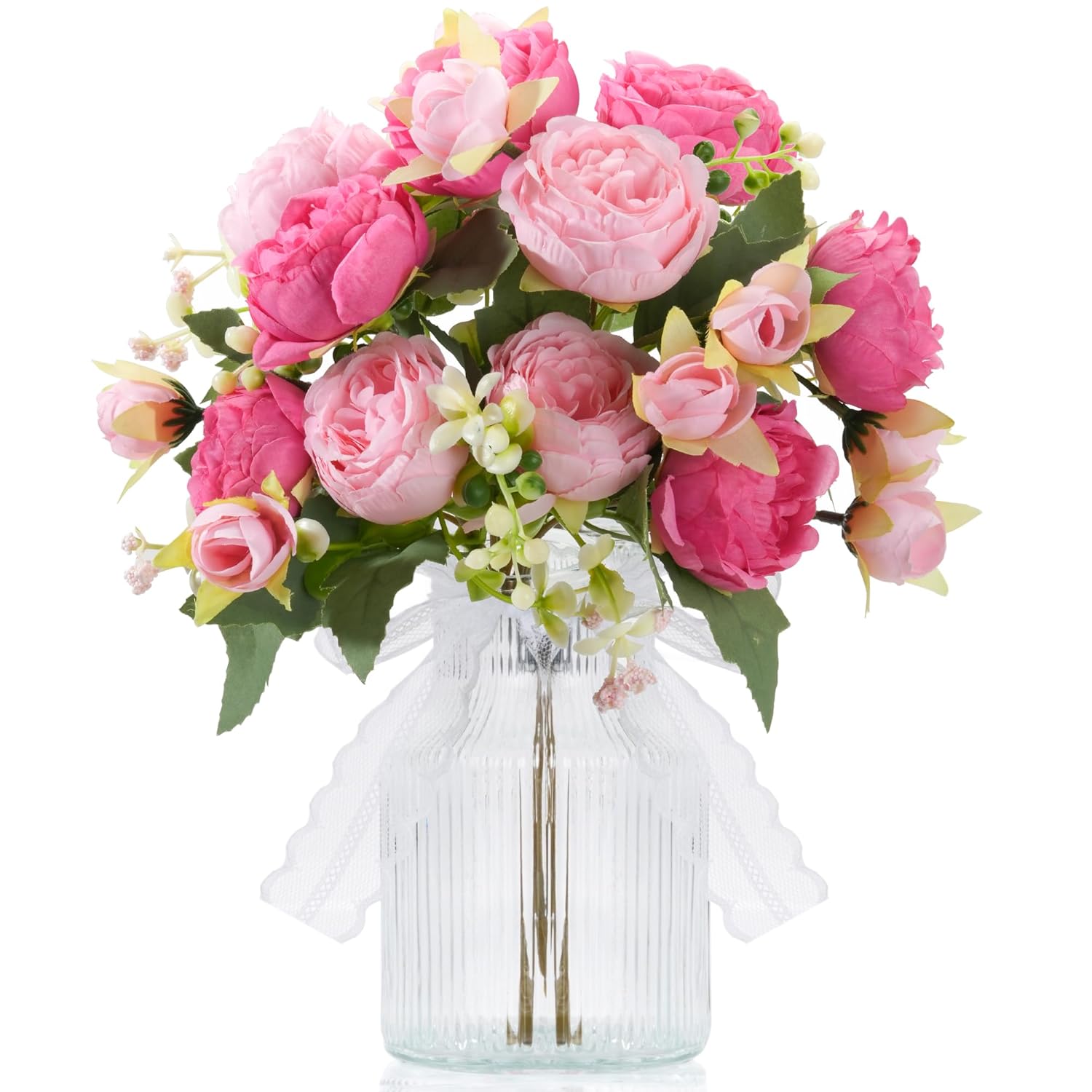 Small Fake Fake Flowers In Vase,2 Packs Pink Peonies Artificial Flowers With Vase, Silk Artificial Peonies Flowers For Desk Bathroom Home Decor Indoor (Mixed Pink)