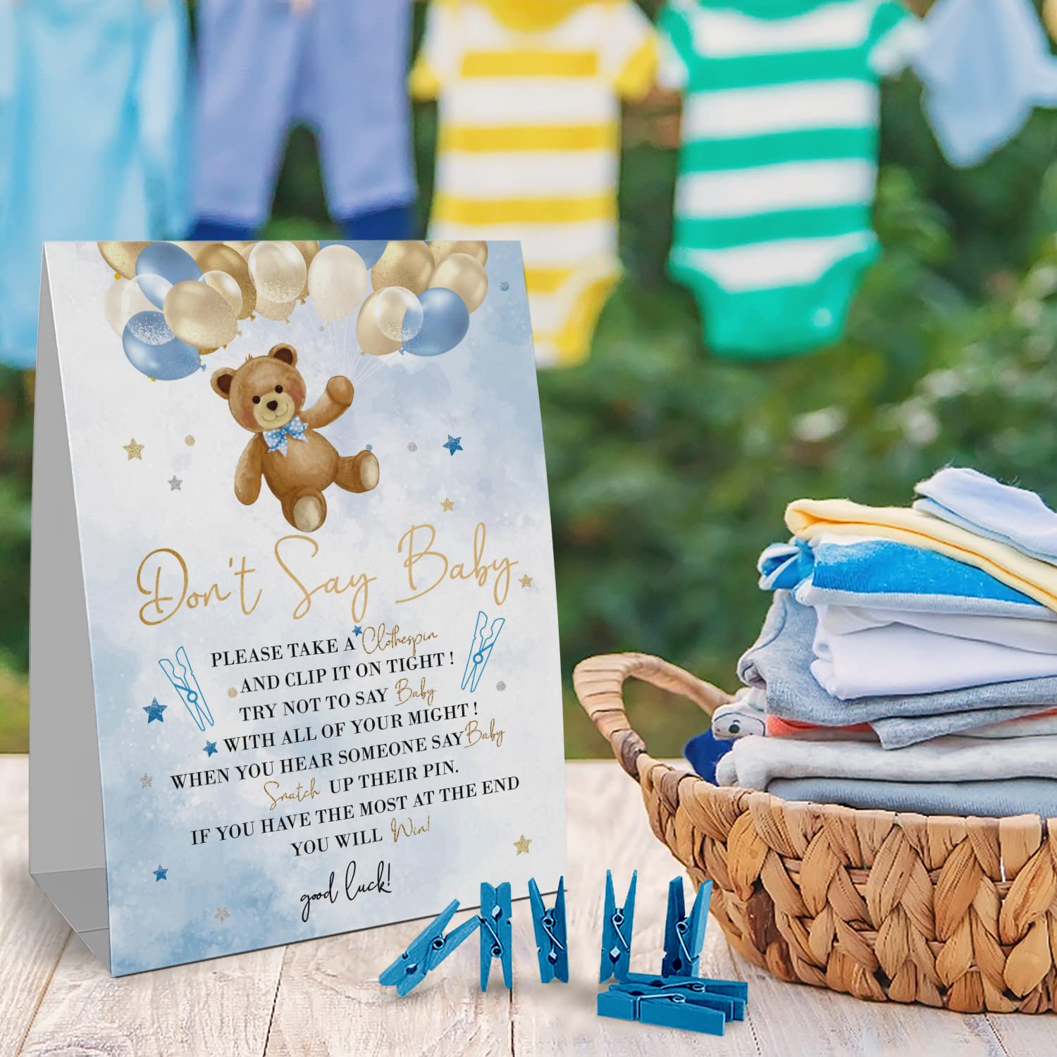 Don'T Say Baby Clothespin Game Sign (1 Sign + 50 Mini Clothespins), It'S A Boy Blue Rose Bear Balloon Baby Shower Game, Baby Shower Decoration Set 1 (Pink)