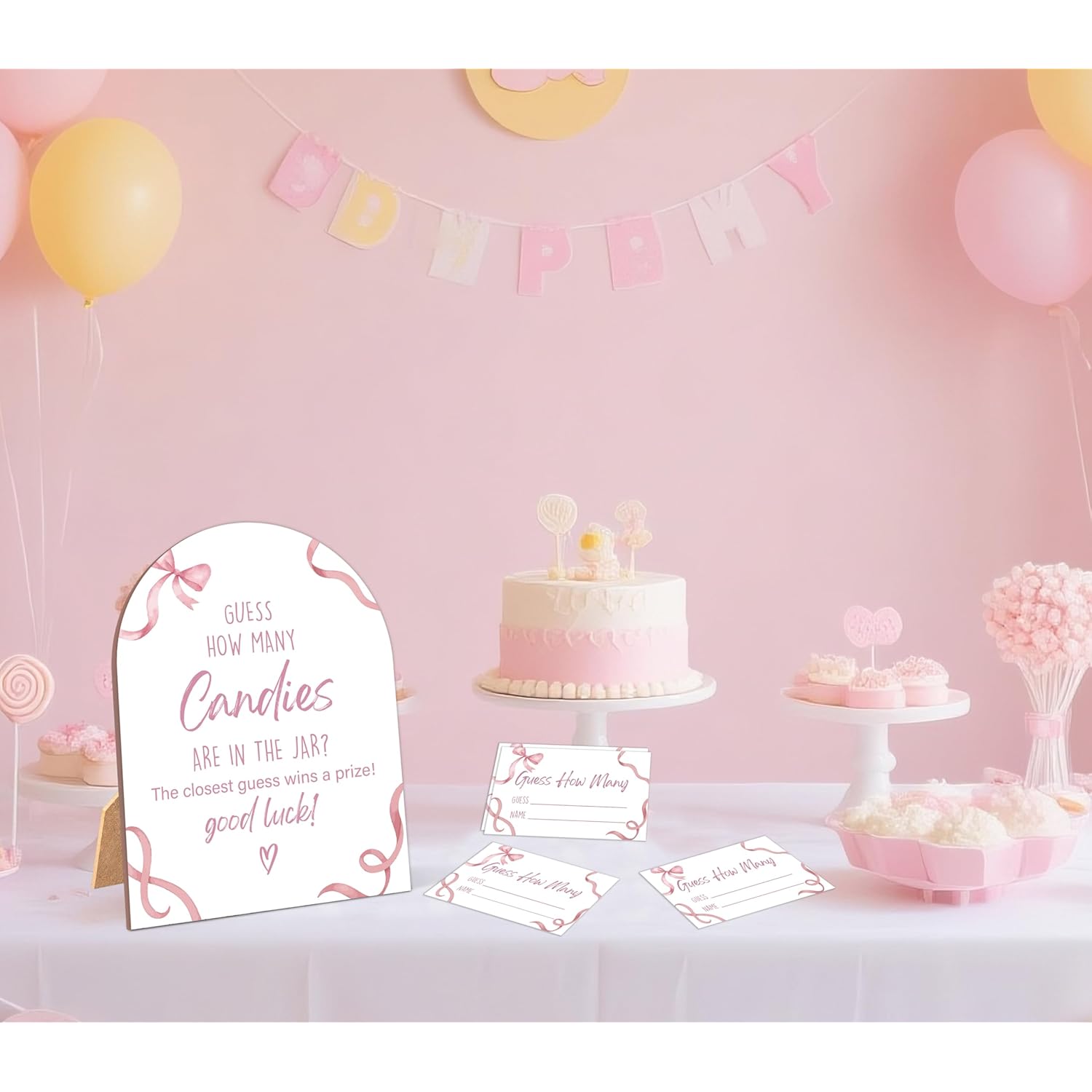 51 Pcs Pink Bow Guess How Many Candies Are In The Jar Game, Pink Baby Shower Game, 6X8 Inch Arch Wooden Sign With Stand And 50 Guessing Cards, Gender Neutral Party Decoration - Wf01