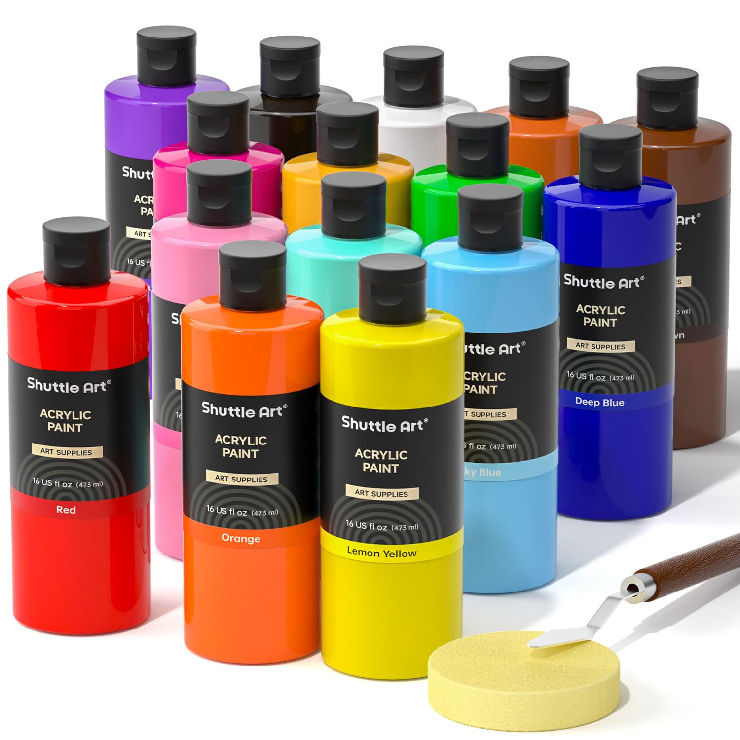 Acrylic Paint, 15 Colors Acrylic Paint Large Bottle Set, 473Ml/16Oz Each, Rich Pigments, High Viscosity, Bulk For Artists, Beginners And Kids On Rocks Crafts Canvas Wood