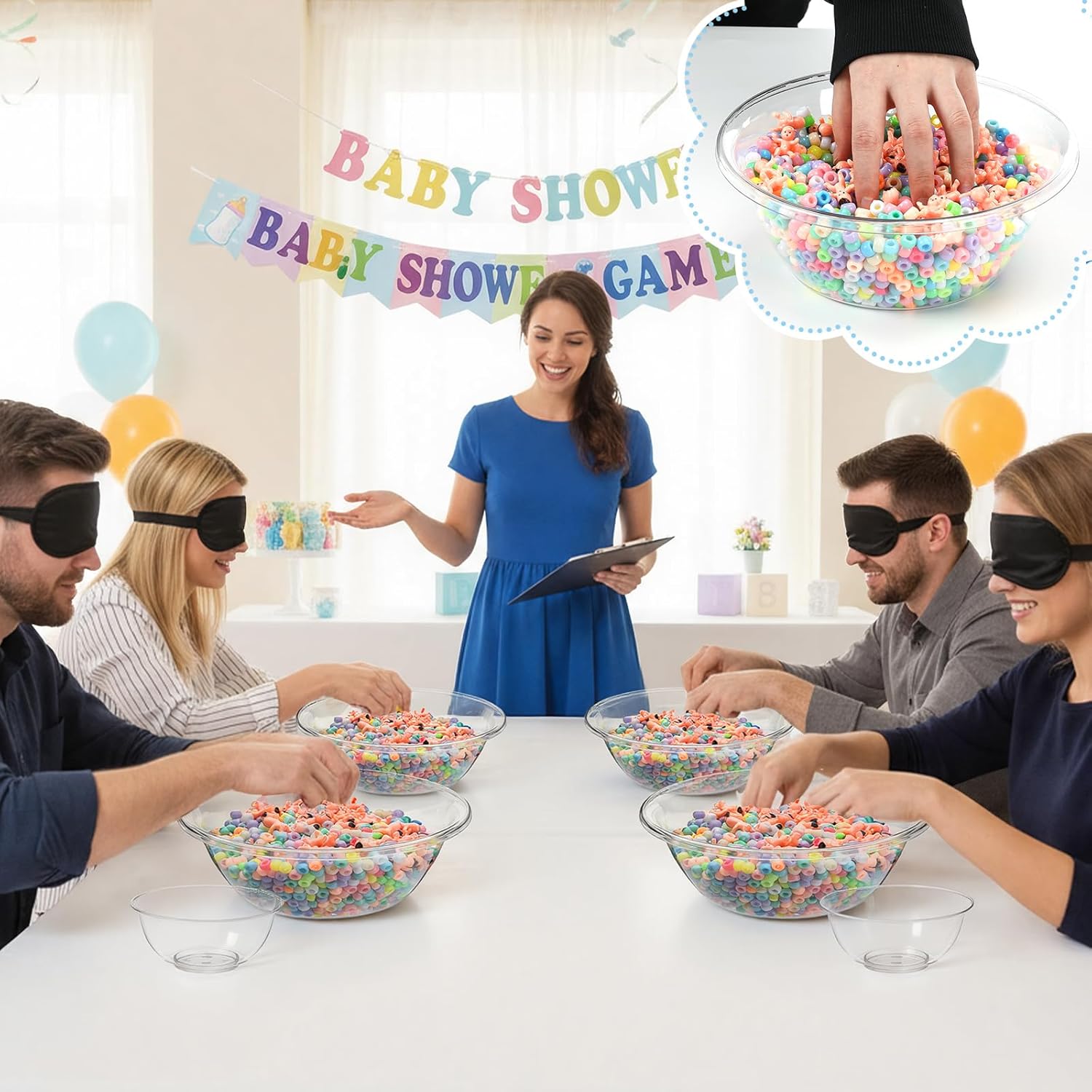 4 Sets 75 Pcs Baby Shower Games Funny Activities Include 8 Clear Basins Bowls 4 Blindfolds 60 Mini Babies 2 Light Color Mixed Beads And Card, Funniest Bridal Shower Game, Grab Baby Madness
