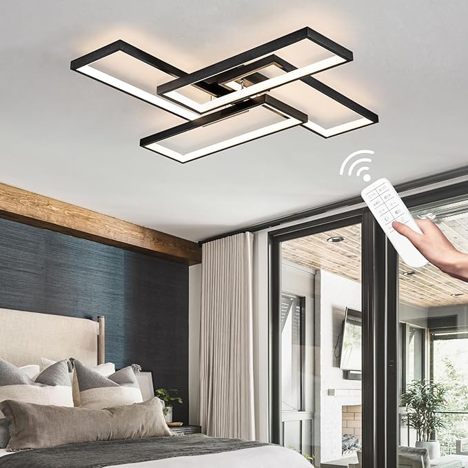 26 Inch Modern LED Ceiling Light with Remote Dimmable Black Square Ceiling Fixture