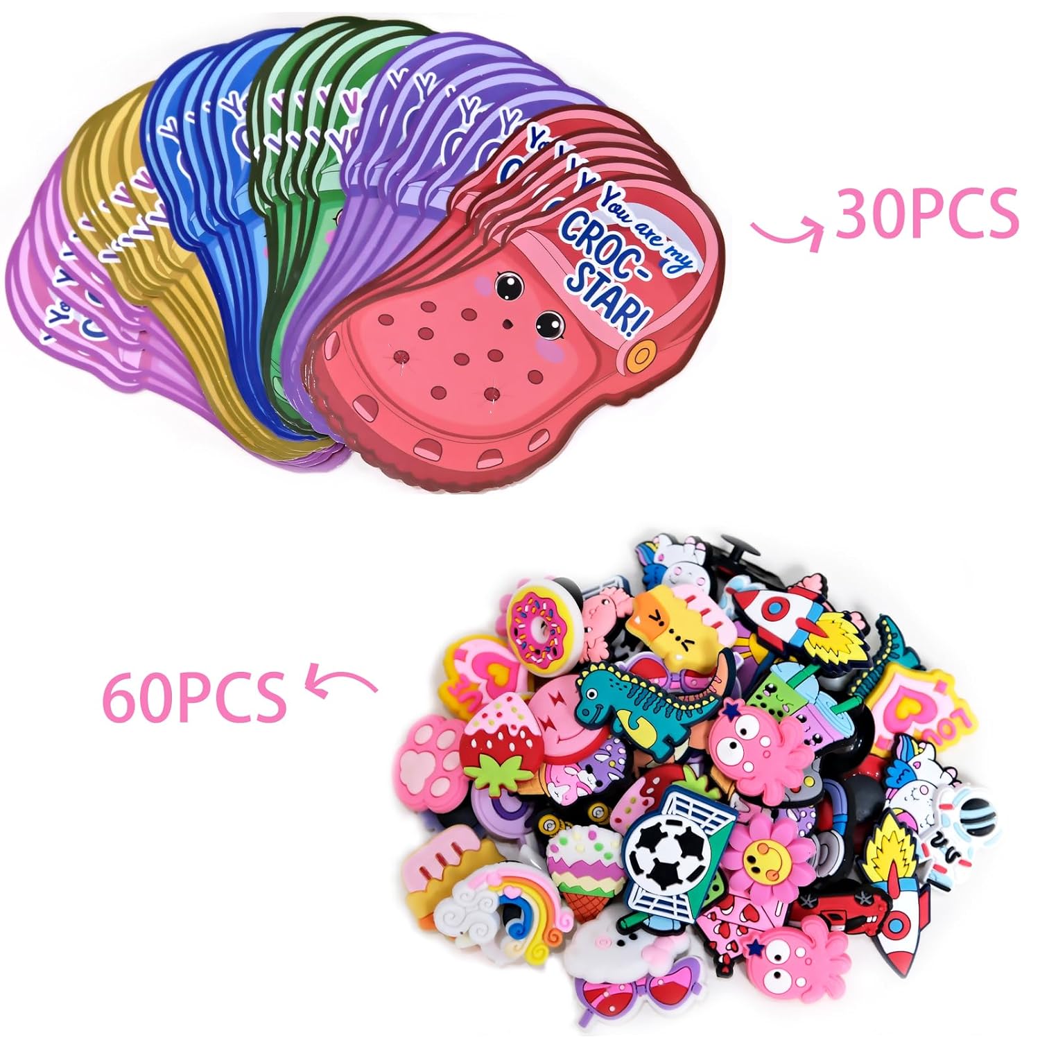 Valentines Day Cards For Kids School, 30Pcs Valentines Day Cards With 60Pcs Shoe Charms Bulk, Valentines Classroom Exchange Gifts For Kids Boys Girls School Party Favors