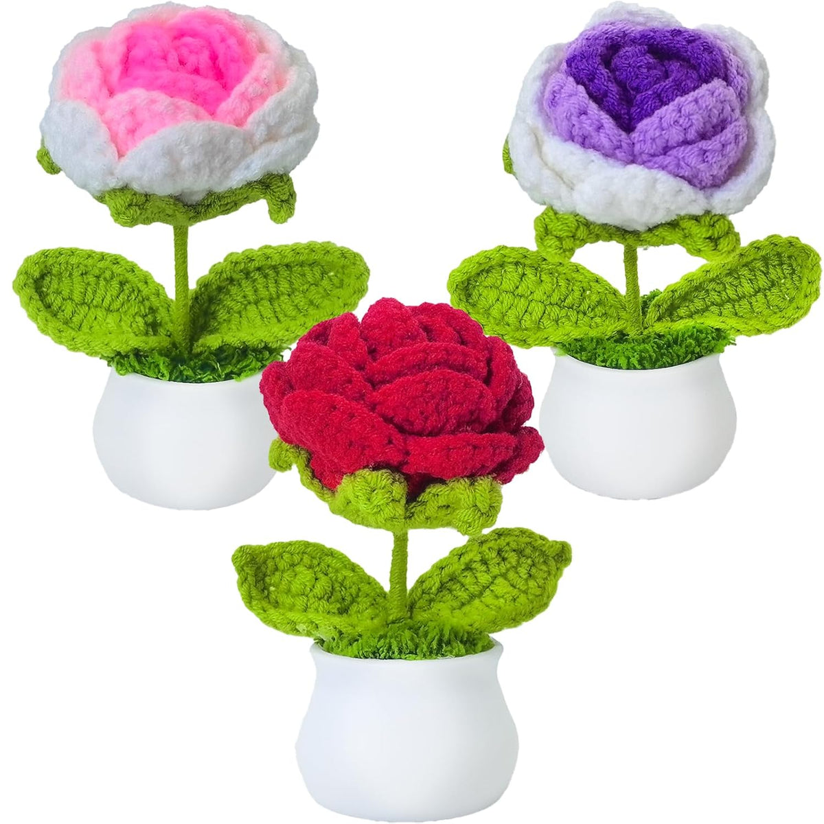 3 Pcs Crochet Flowers Artificial Sunflower Small Potted Plants For Home Desk Car Office Decor Birthday For Mom Teacher Women Friends (Single Head Rose)