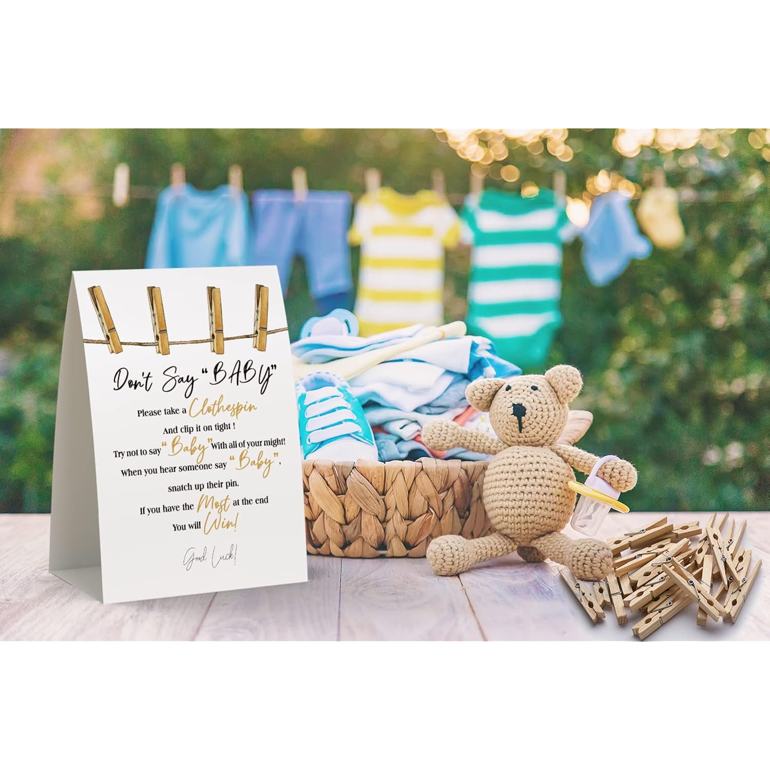 Don'T Say Baby Sign, Baby Shower Clothespin Game, Includes A 5X7 Standing Sign And 50 Mini Natural Clothespins - 036…