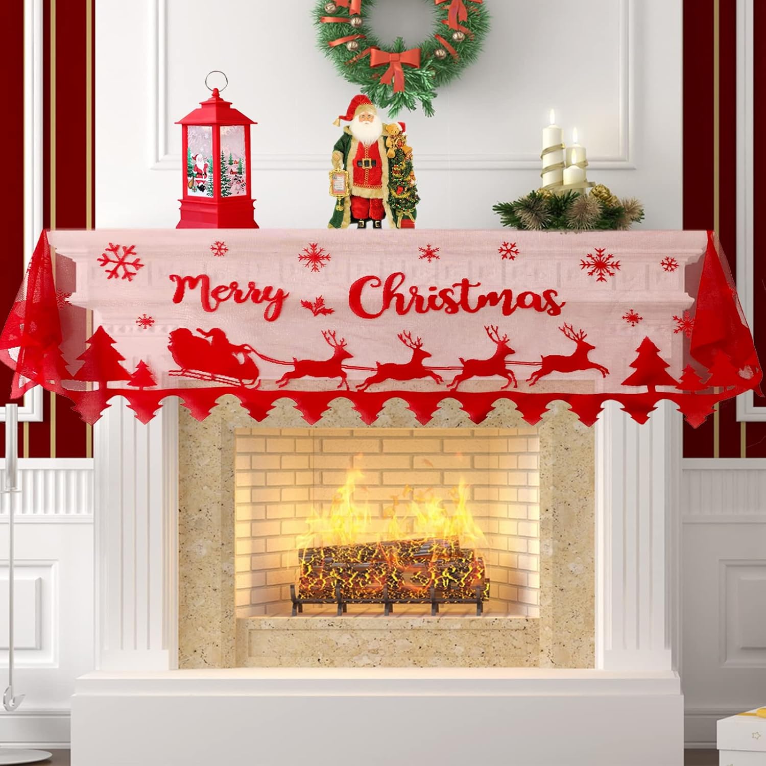 Christmas Mantle Scarf - Merry Christmas Fireplace Decorations - Red Lace Mantel Cover Garland Runner With Snowflake Reindeer Tree Santa Claus - Winter Holiday Home Living Room Decorations Indoor