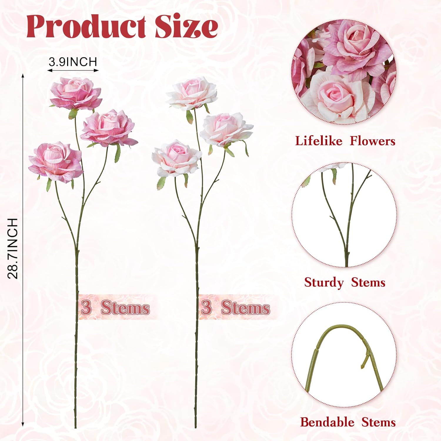 6Pcs Artificial Flowers Fake Roses, 28" Long Stem Silk Roses For Wedding Centerpieces Home Party Valentine'S Day Decor, Realistic Faux Bouquet For Tall Vase Indoor (Pink)
