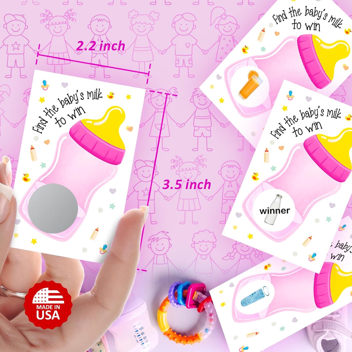 Find The Babys Milk Scratch Off Game, Its A Girl Baby Shower Easy To Play Silly Games, Funny Idea, Ice Breaker Activity. Raffle Cards, Pink Bottle, Set Of 40 Cards Made In Usa