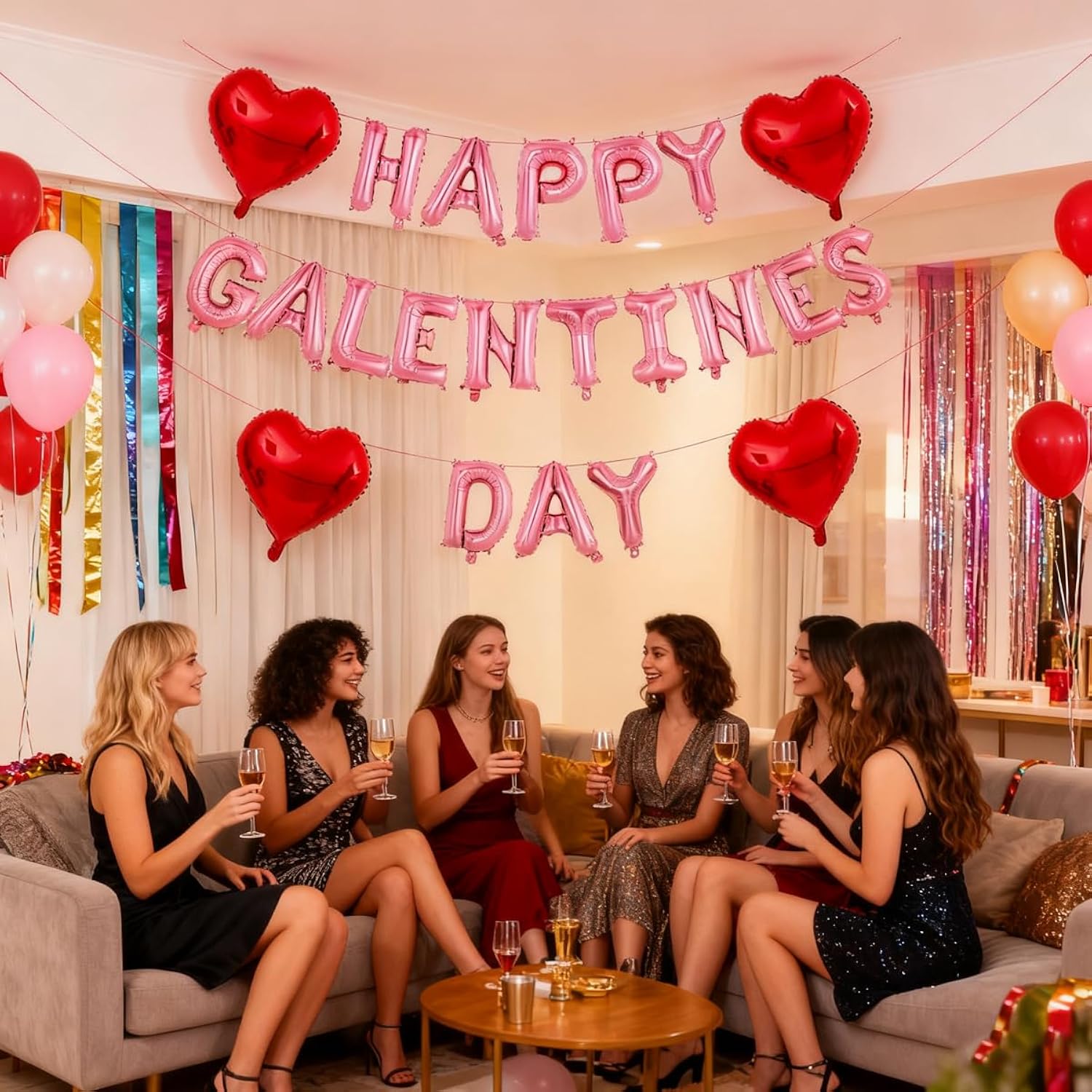Happy Galentine'S Day Party Gecorations- Pink Happy Galentines Day Balloons Banner 16Inch Pink Leter Balloon Red Heart Balloons For Valentines Day Party Decorations Supplies