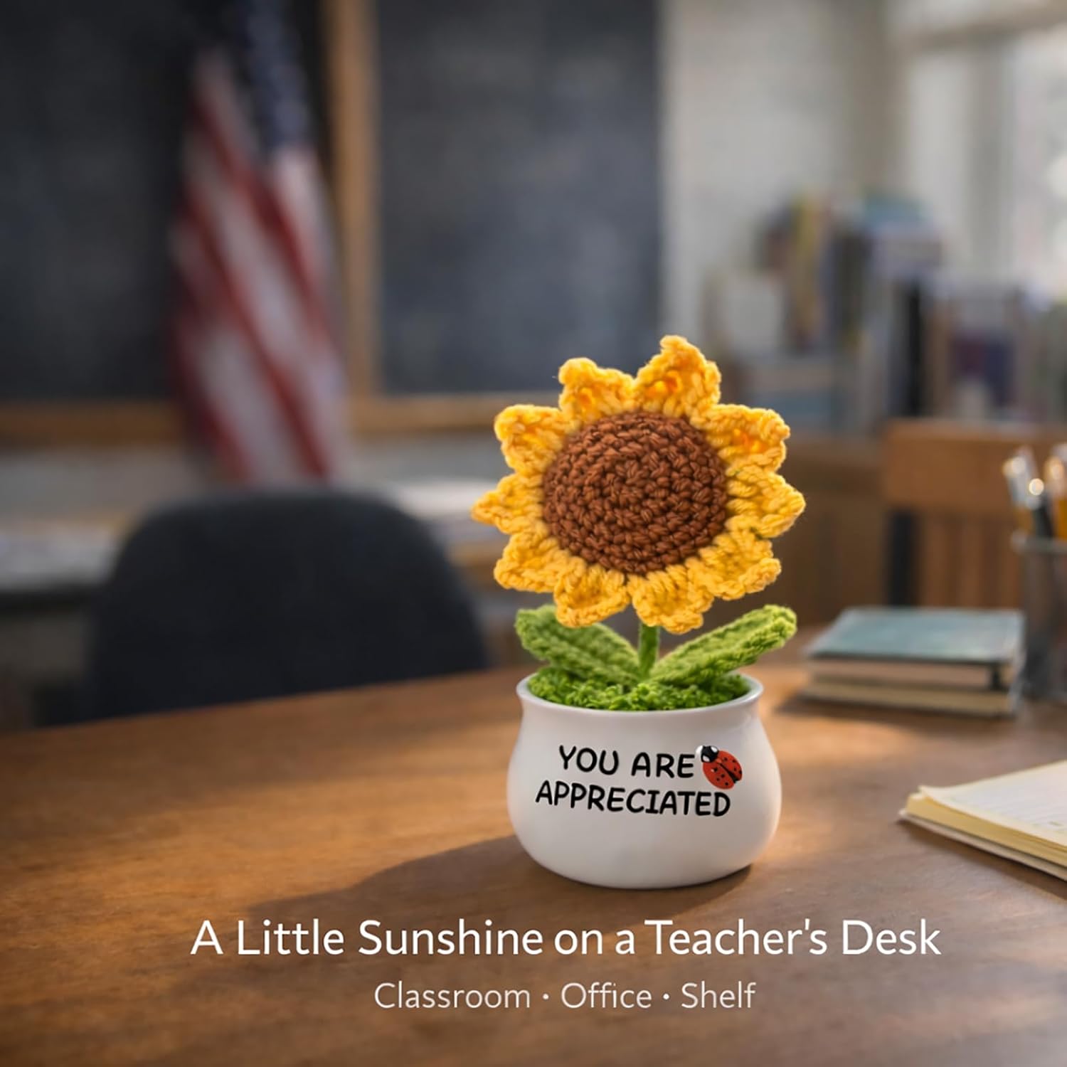 Crochet Sunflower Teacher Gift – Handmade, Never Wilt Desk Decor For Classroom Or Office, Thoughtful Thank You Appreciation Gift From Students Or Parents