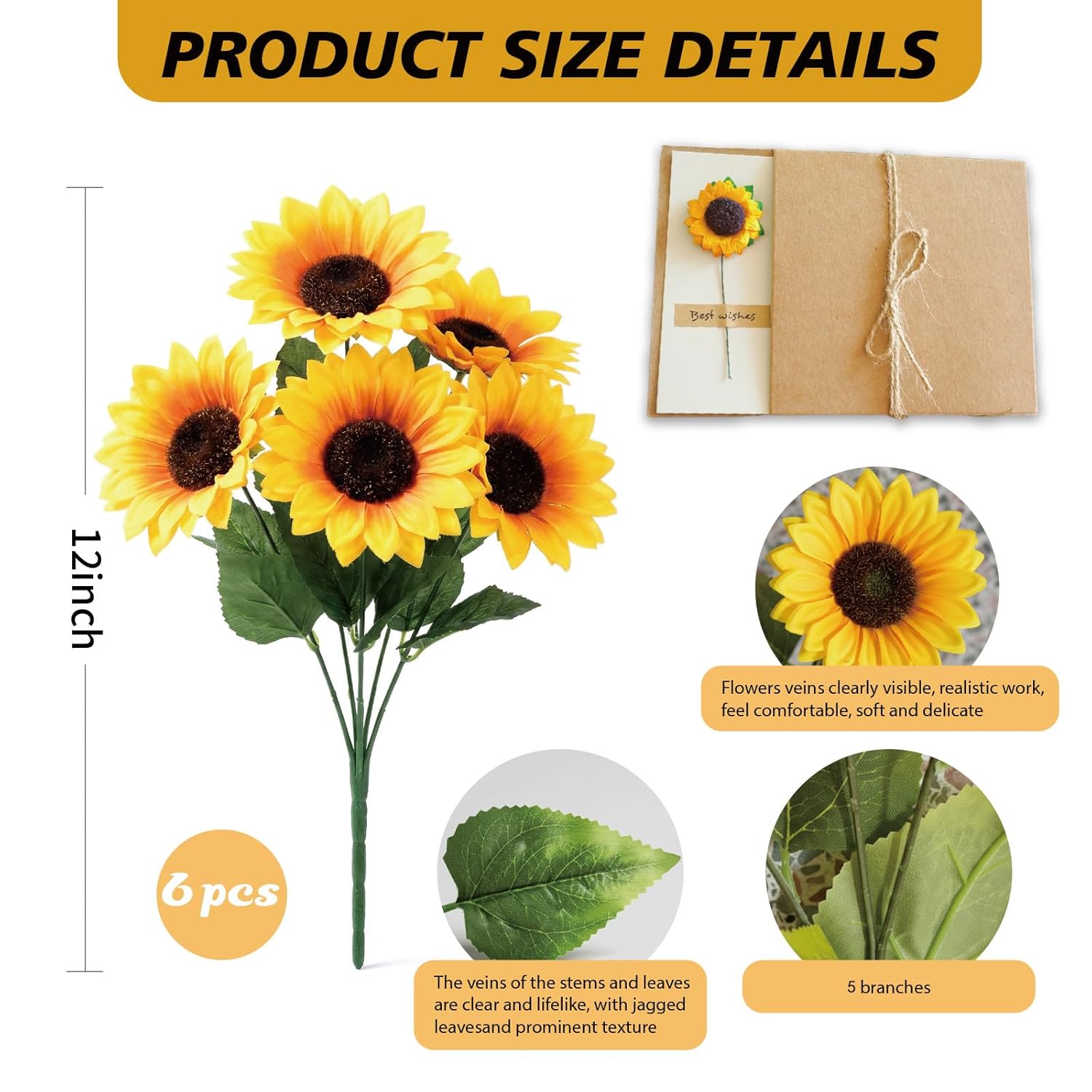 Sunflowers Artificial Flowers For Outdoor - Blank Cards, 6 Bundles Fake Flower Silk Sunflower For Wedding Patio Garden Indoor Decoration