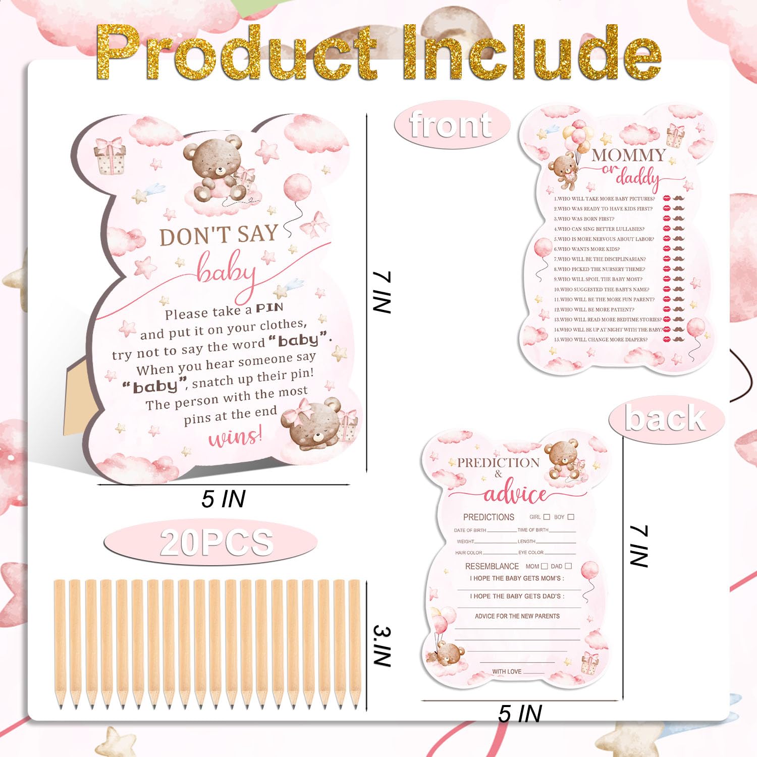 61 Pcs Baby Shower Game Set, Included Predictions Advice, Mommy Or Daddy, Gender Reveal Supplies, 1 Don'T Say Baby Sign 20 Pencils 20 Clothespin, Pink Bear Baby Shower Party Decorations